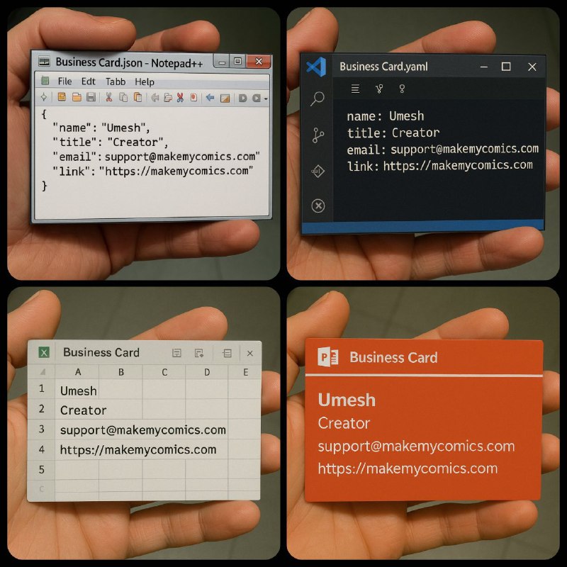 Create business cards in the style of your favorite tools and tech stack!ChatGPT-4o nails it so well.Prompt Template:A close-up shot of a hand holding a business card designed to look like a {file_format} file open in {code_editor}. The card shows code formatted in {syntax_type} with keys like {key1}, {key2}, {key3}, and {key4}. The window includes typical toolbar icons and a title bar labeled {file_name}, styled exactly like the interface of {code_editor}. Background is slightly blurred, keeping the focus on the card.Example placeholders:{file_format}: JSON, XML, YAML{code_editor}: Notepad++, VS Code{syntax_type}: JSON, XML{key1}: 